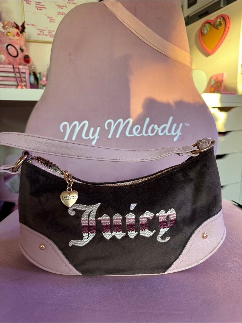 Juicy Couture Black and Light Pink Velvet Logo Shoulder Bag